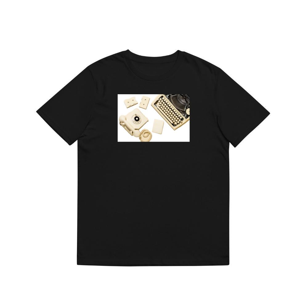 Vintage Yellow Telephone with Typewriter, Cassettes, and Paper T-Shirts
