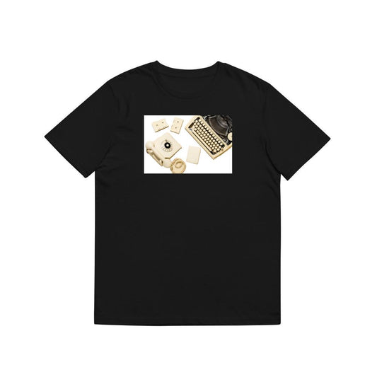 Vintage Yellow Telephone with Typewriter, Cassettes, and Paper T-Shirts