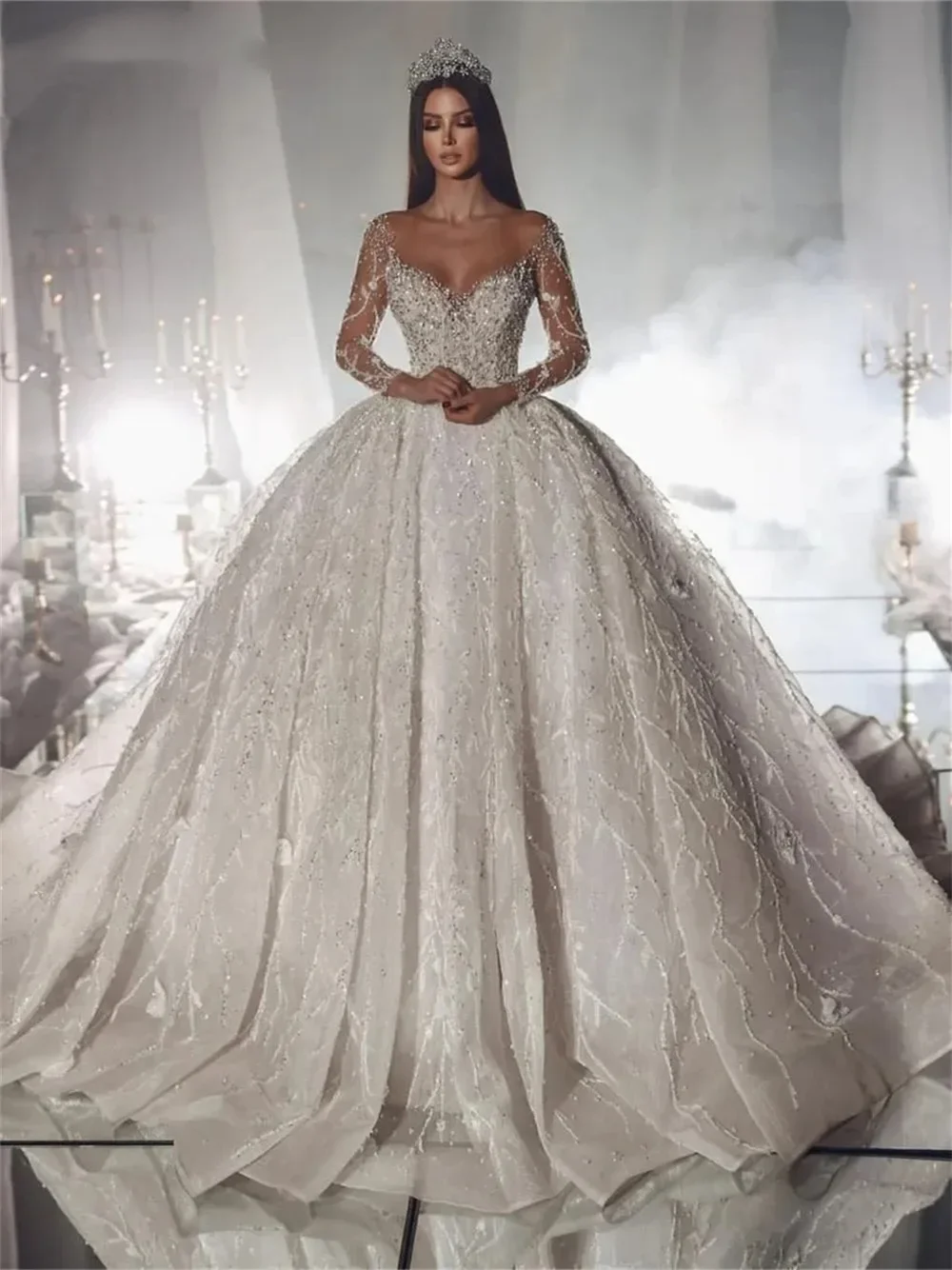 Flavinke Customized Strapless Wedding Dresses Elegant Beaded Ball Gown Sleeveless Floor Length Bridal Gown Vestidos De Novia